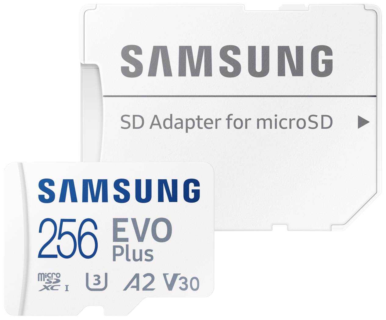 Deux cartes mémoire Samsung : une carte MicroSD de 256 Go, 'EVO Plus', classe A2 V30 ; et son adaptateur SD correspondant.