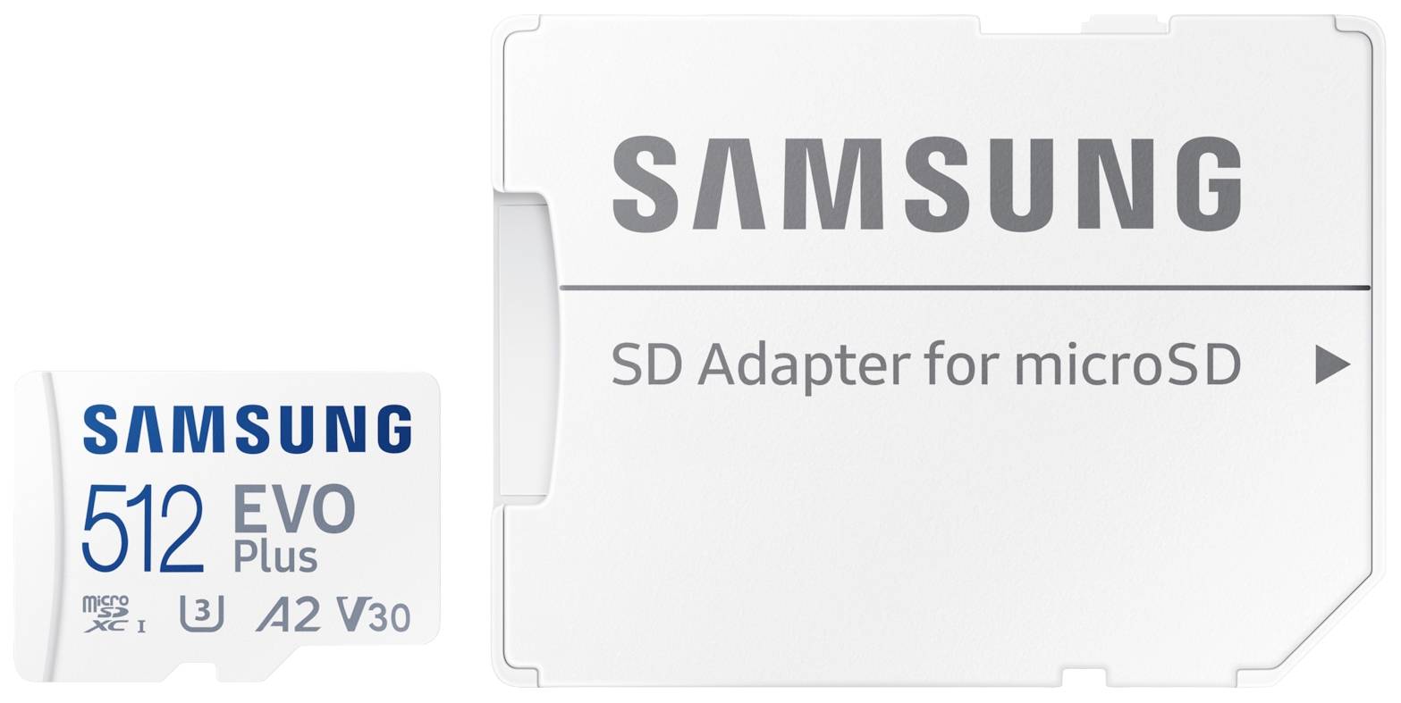 Une carte microSD Samsung EVO Plus de 512 Go avec un adaptateur SD, adaptée à l'utilisation dans des appareils munis d'un logement pour carte SD.