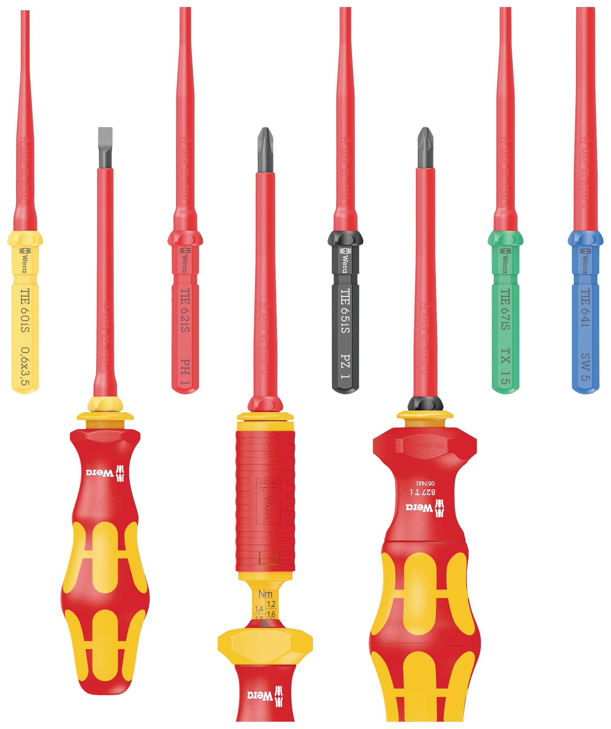 Ensemble de tournevis rouges avec des lames interchangeables de différentes tailles et formes, munis de poignées jaune-rouge, électriquement isolés.