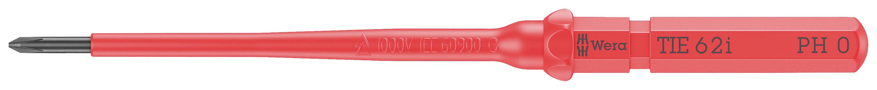 Un tournevis rouge portant l'inscription 'Wiha TE-82I PH0' sur le manche. Adapté pour les petites vis cruciformes.