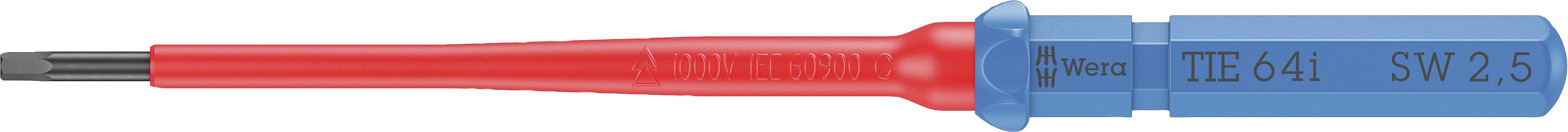 Un testeur de tension à poignée bleue et pointe rouge, utilisé pour vérifier la présence de tension électrique. Marquages : « TEK-41 » et « SLV 2.5 ».