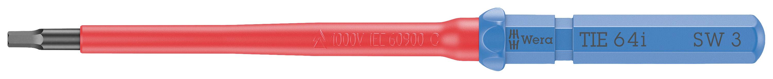 Un tournevis rouge avec une poignée bleue. La poignée porte l'inscription 'TE64' et 'SW3'. Adapté pour les travaux électriques.