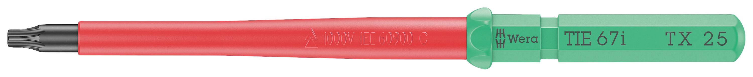 Un tournevis rouge avec une poignée verte, portant les inscriptions 'Wiha' et 'T15/51 TX 25'.