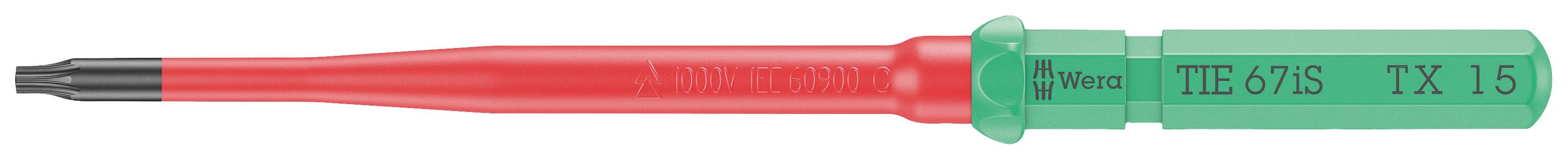 Un tournevis rouge avec un embout noir et une poignée verte, sur lequel est inscrit 'Weidmüller' et 'TX 15'.