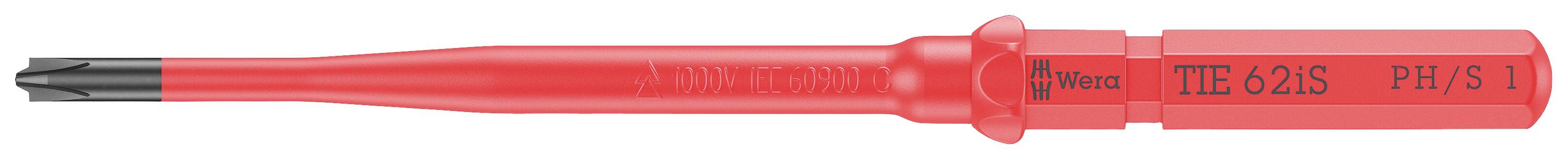 Un tournevis rouge, isolé, avec une tête cruciforme et une structure de poignée antidérapante. Modèle 'PH 1'.