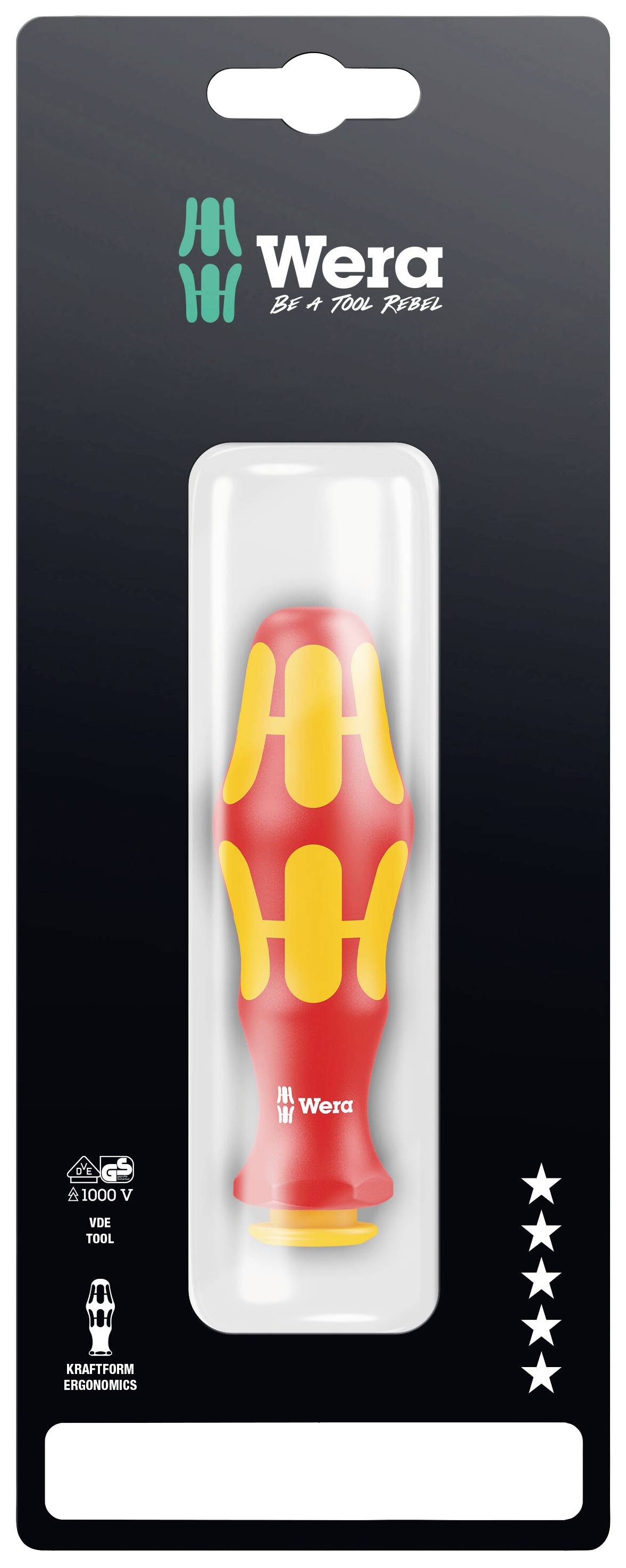 Emballage d'un tournevis Wera avec poignée rouge et jaune, isolé pour 1000V. Marqué 'Be a Tool Rebel' et de cinq étoiles.