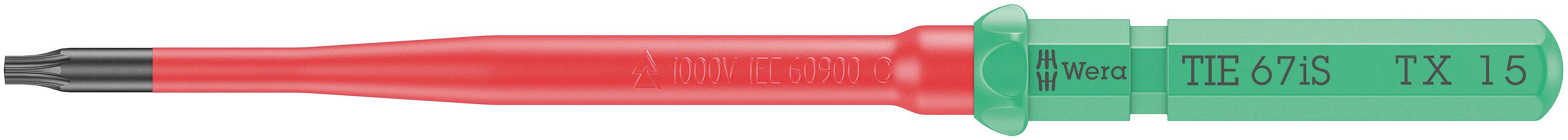 Tournevis isolé à poignée rouge et tige verte, adapté aux vis Torx de taille TX 15, avec marquage 'T15'.