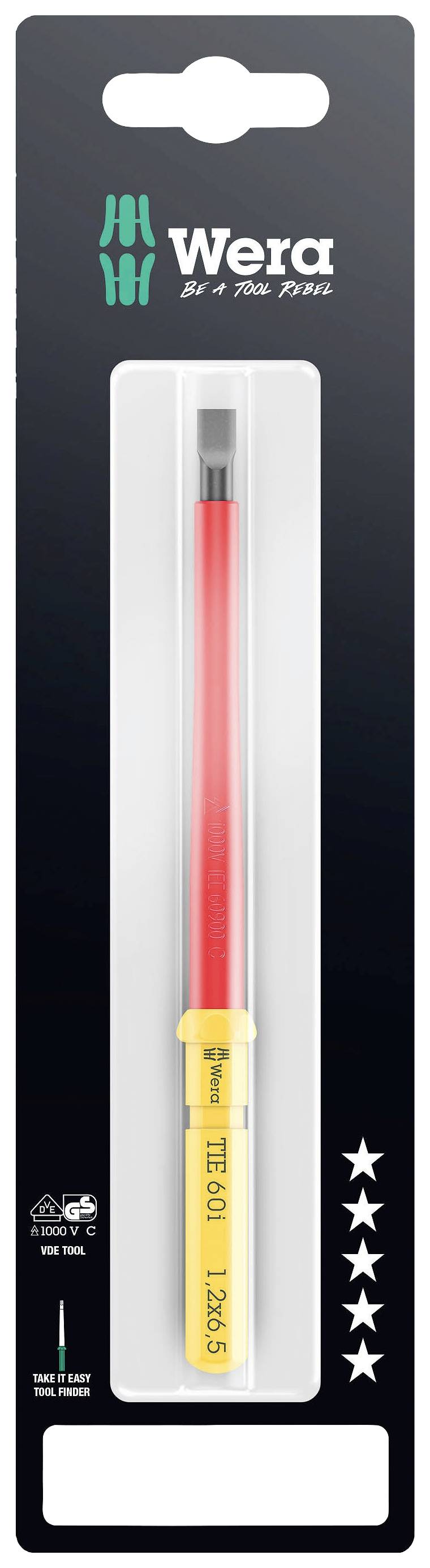Un tournevis Wera dans son emballage, avec un manche jaune et un fût rouge, adapté pour les vis Torx T10.