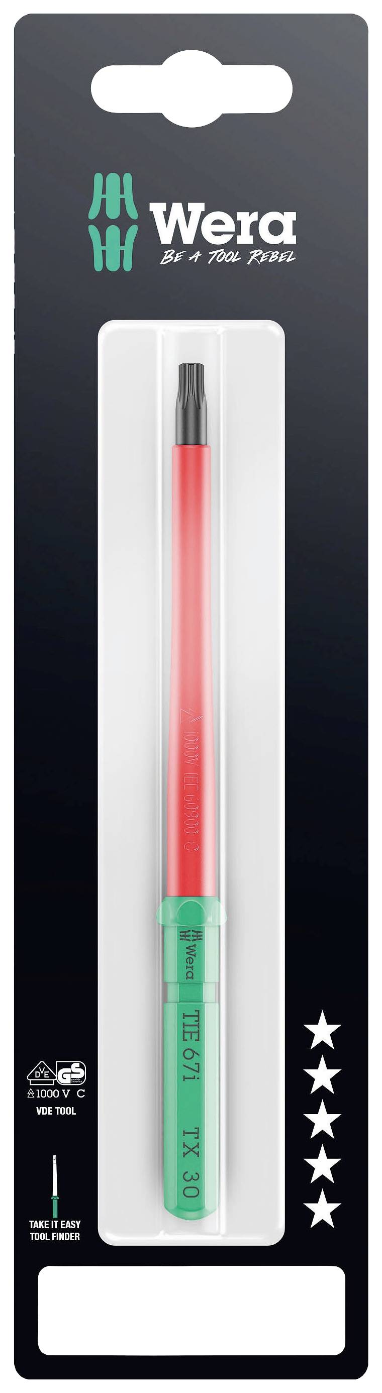 Tournevis Torx 'Wera' avec manche rouge et pointe verte, fourni dans son emballage. Note de cinq étoiles, marquage GS visible.