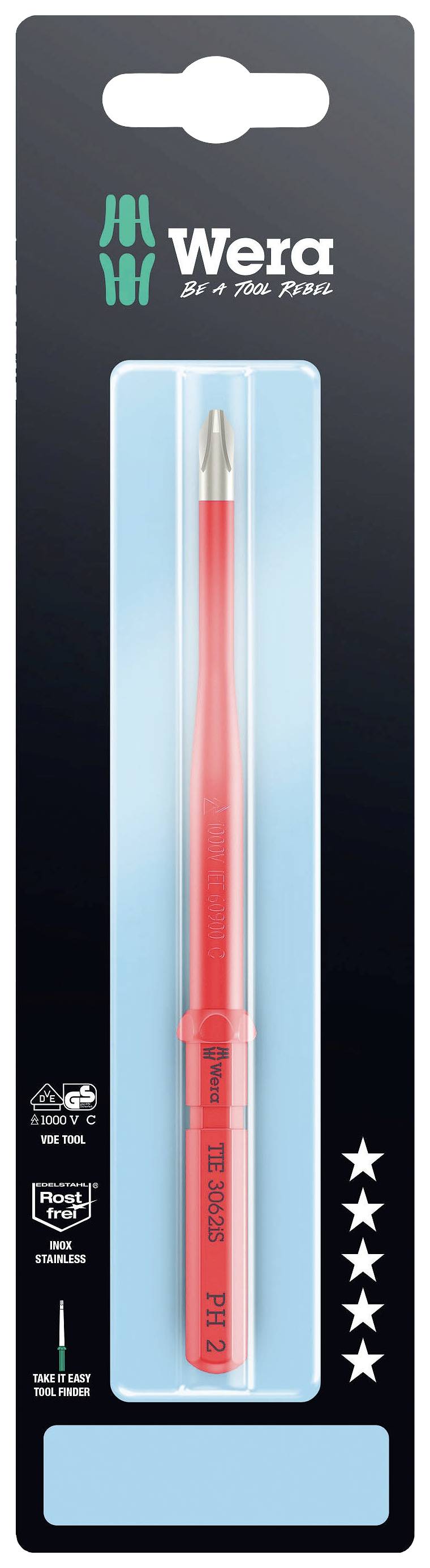 Un tournevis rouge de la marque Wera dans un emballage bleu et noir, adapté aux vis PH2, avec une poignée ergonomique.