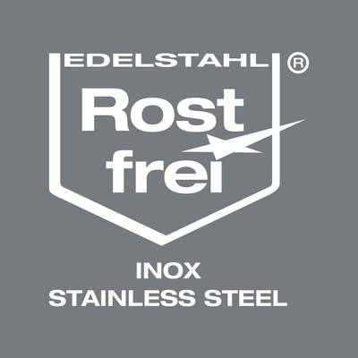 Logo 'Rostfrei' sur fond gris avec le texte 'Edelstahl Rostfrei' et 'Inox Stainless Steel'. Symbolise l'acier résistant à la corrosion.