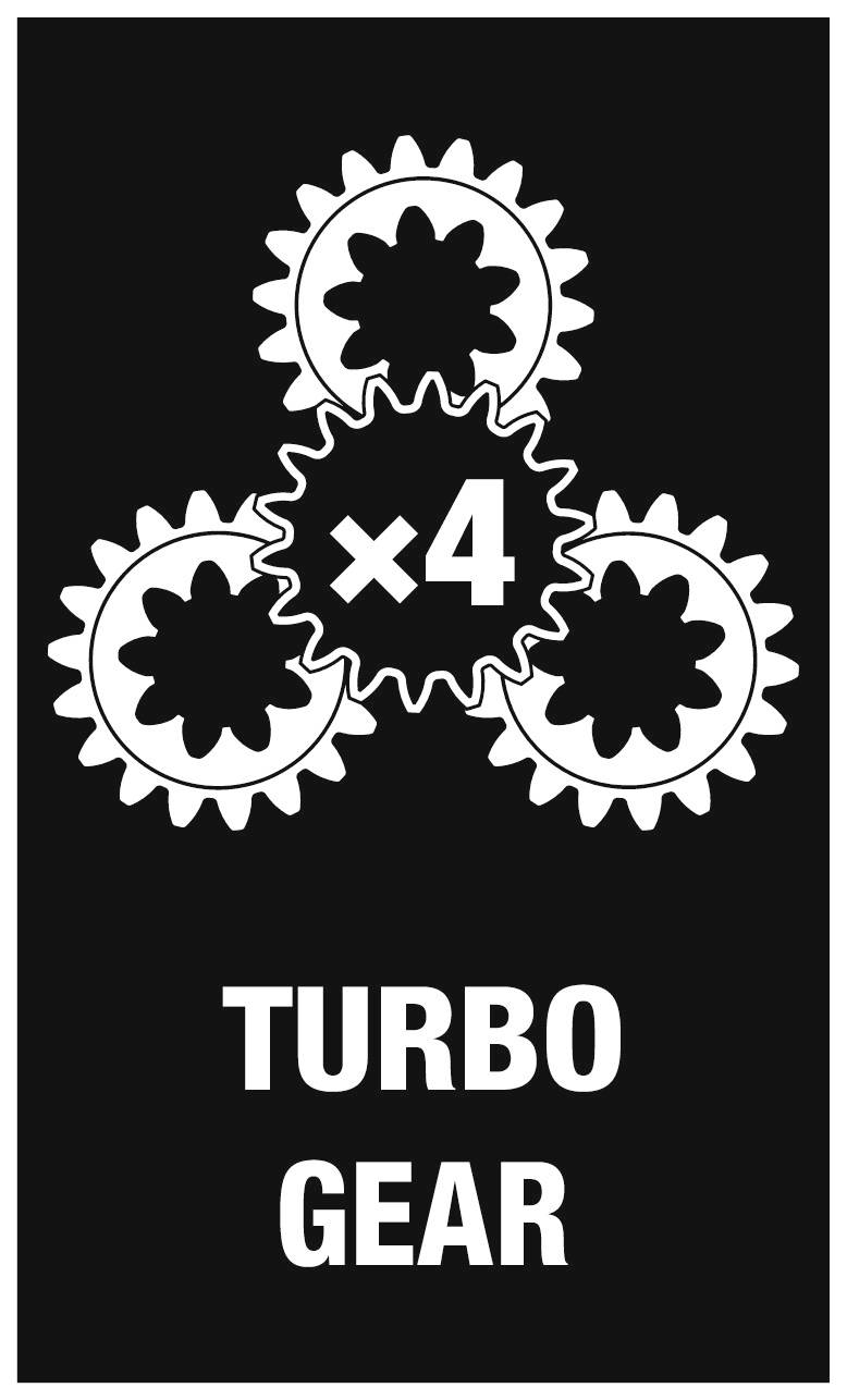 Trois roues dentées imbriquées les unes dans les autres avec l'inscription 'x4' au centre, sous lesquelles figure le texte 'Turbo Gear' sur un fond noir.