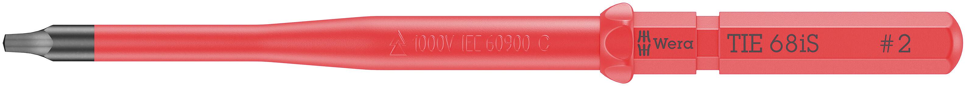 Un embout de tournevis rouge avec poignée isolée, portant l'inscription 'Wiha TIE 68S +2', montre la pointe d'un tournevis cruciforme.