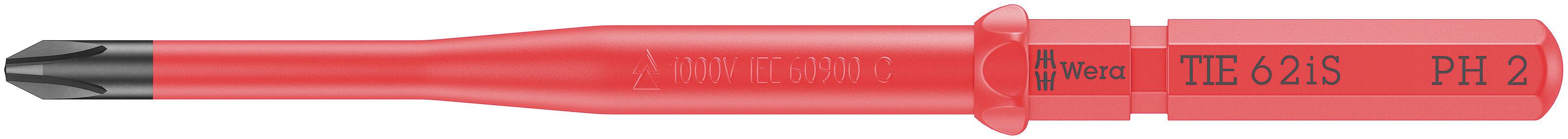Tournevis rouge avec embout cruciforme noir et inscription 'Wera T2 62 iS PH 2'.