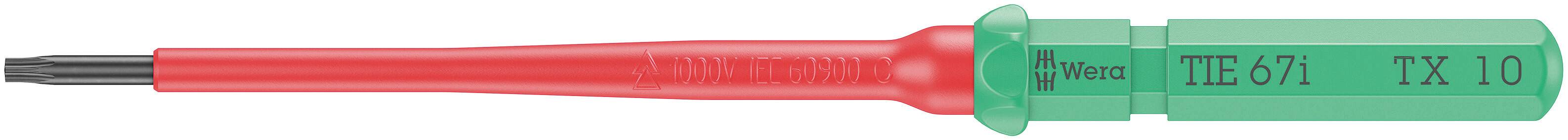 Un tournevis vert avec un manche rouge, portant l'inscription : « TE 821 TX 10 ».