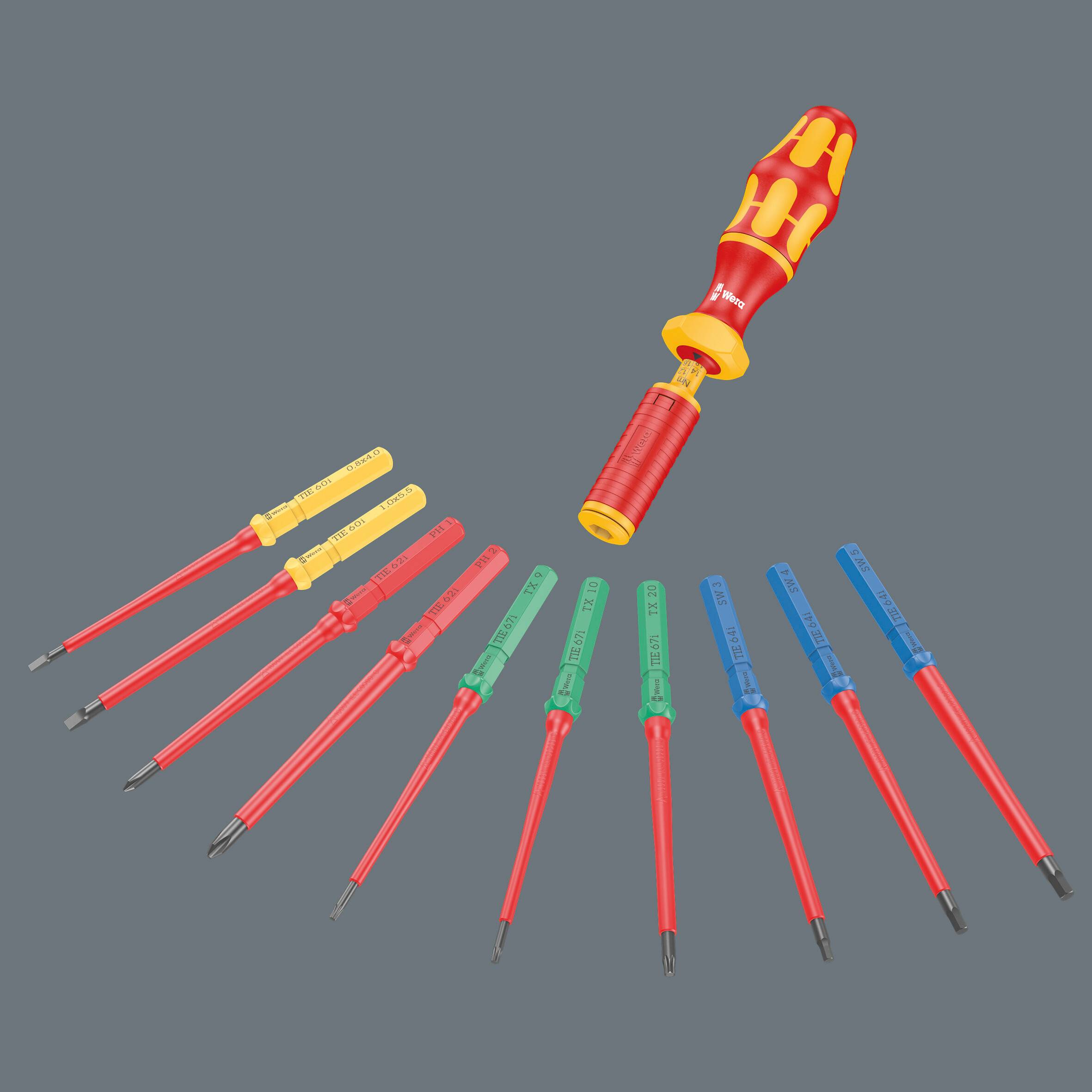 Un tournevis interchangeable à manche jaune avec dix embouts isolés de différentes couleurs pour différents types de vis.