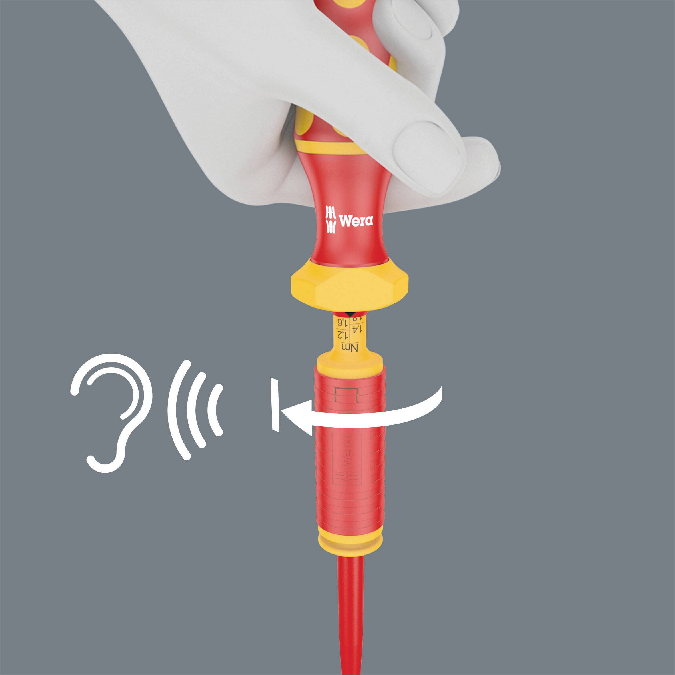 Une main tient un tournevis avec un mécanisme de rotation jaune. Un symbole indique une fonction de réglage du volume.