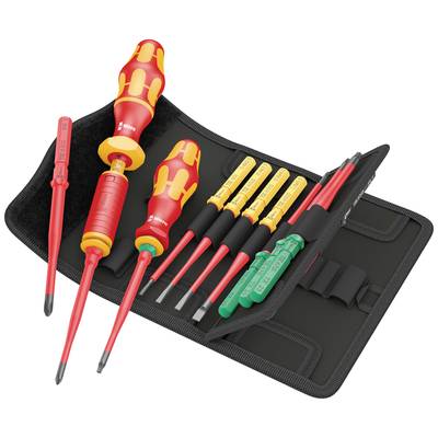 Ensemble de tournevis Wera avec poignées rouges et jaunes, ouvert dans un étui à outils noir. Contient différentes tailles et types.