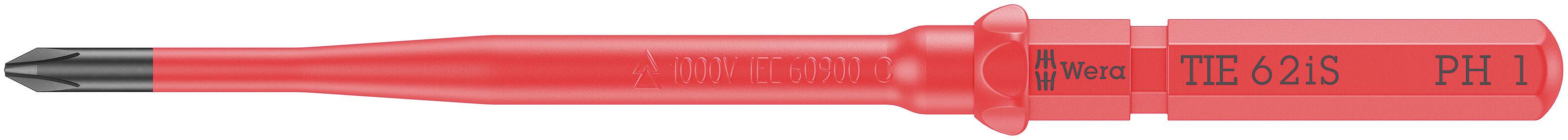 Un tournevis rouge isolé portant l'inscription 'PH1', 'Wera' et '1000V', adapté aux travaux sur installations électriques.