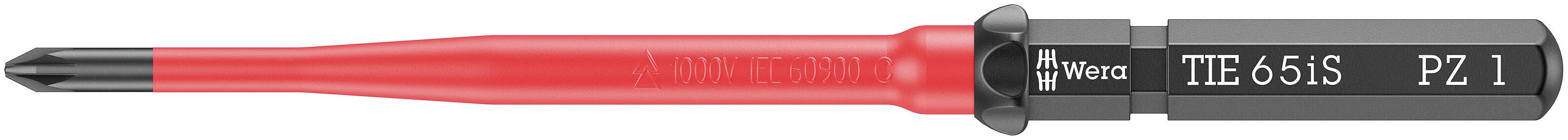 Tournevis cruciforme à poignée rouge et tête noire. Inscription sur la tête : 'PZ 1 TIE65NS'.