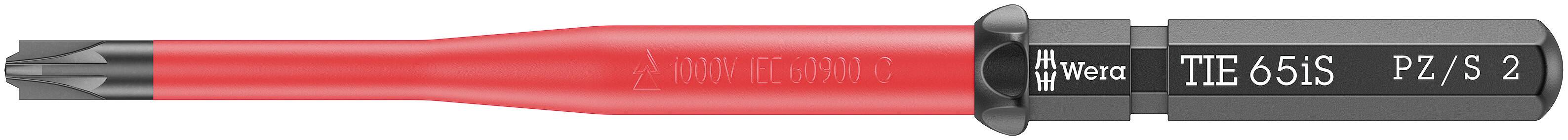 Un embout Bit rouge avec un manche noir, portant l'inscription 'Wiha TIE 6SIS PZ/S 2', présente un profil Pozidriv.