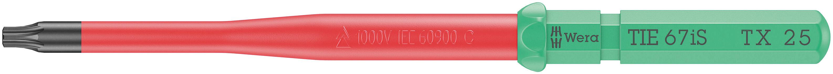 Embout de tournevis Wera, modèle : 8767 C/TX, taille : TX 25. Le manche est vert, la tige est rouge.
