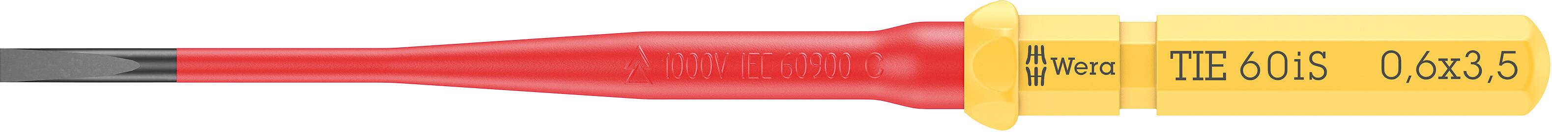 Un tournevis isolé avec une poignée rouge et jaune portant l'inscription 'WE 60iS 0.6x3.5'.