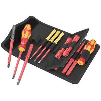 Un ensemble de tournevis isolés avec des poignées rouge et jaune et différentes lames, rangés dans un sac noir pour les travaux électriques.