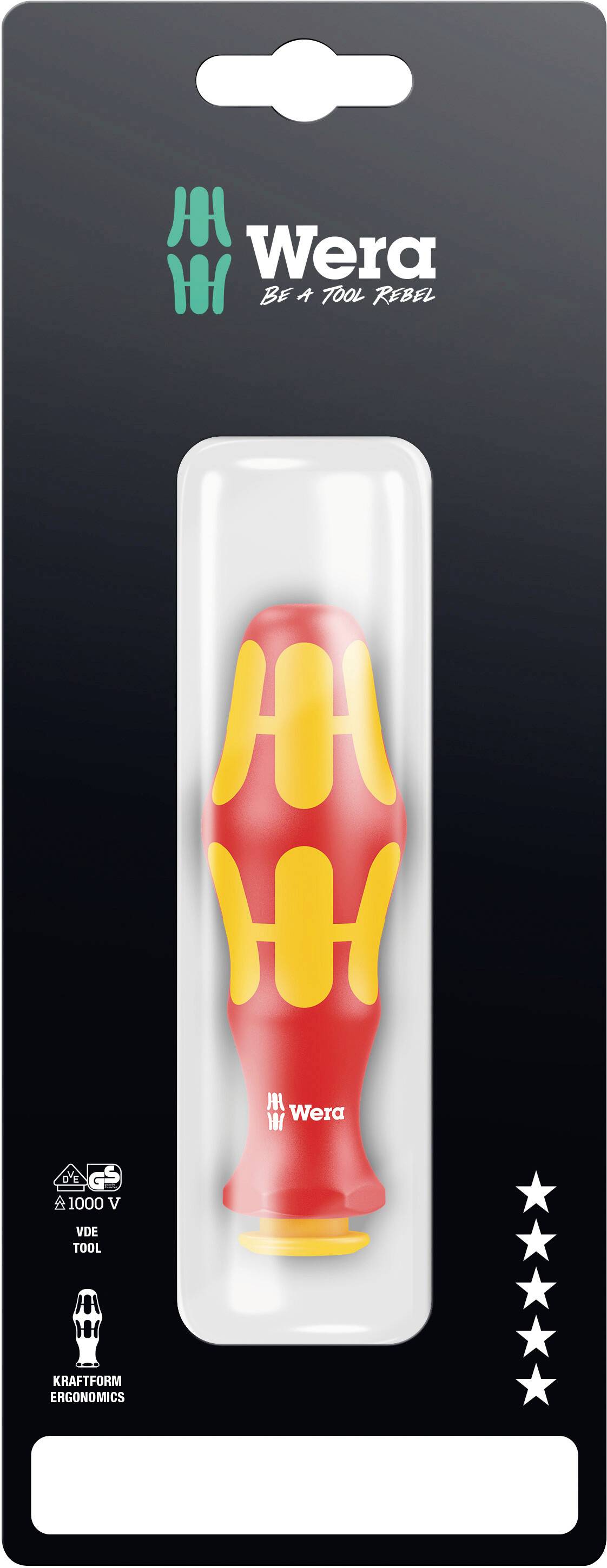 Tournevis 'Wera' en emballage plastique, isolé jusqu'à 1000V. Poignée rouge avec éléments jaunes. Logo de marque et slogan visibles.