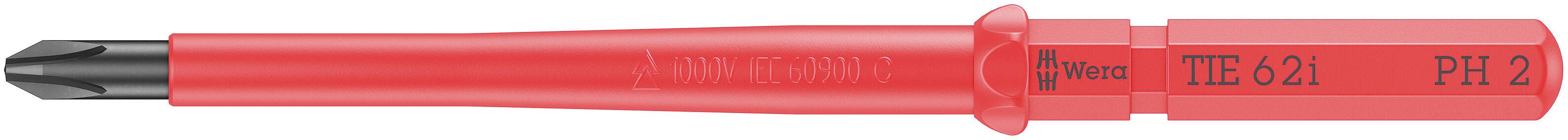 Un tournevis rouge avec manche isolé. Sur le côté sont visibles les mentions 'VDE' et 'PH 2'.