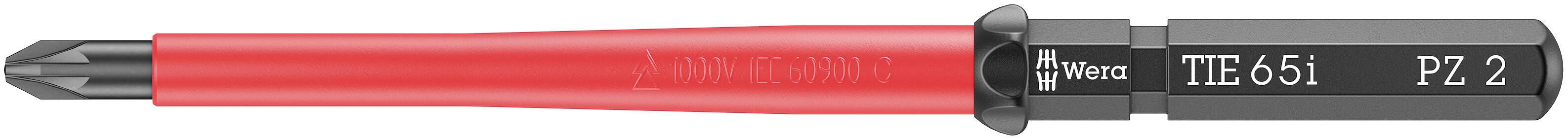 Un embout de tournevis rouge portant l'inscription 'Wera T10E65I PZ 2'. Adapté pour les vis PZ, partie arrière hexagonale.