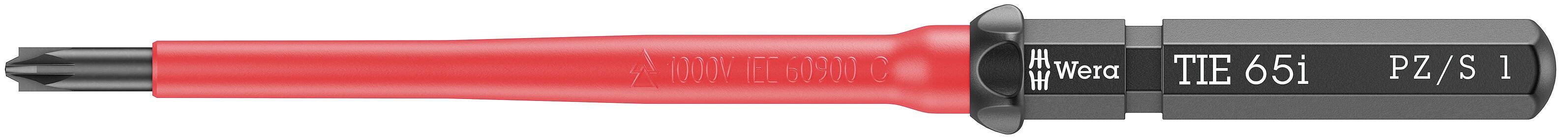 Tournevis électrique à poignée rouge et tête noire, portant l'inscription 'Wiha TIE 651 PZ/S 1', adapté pour les vis Phillips.