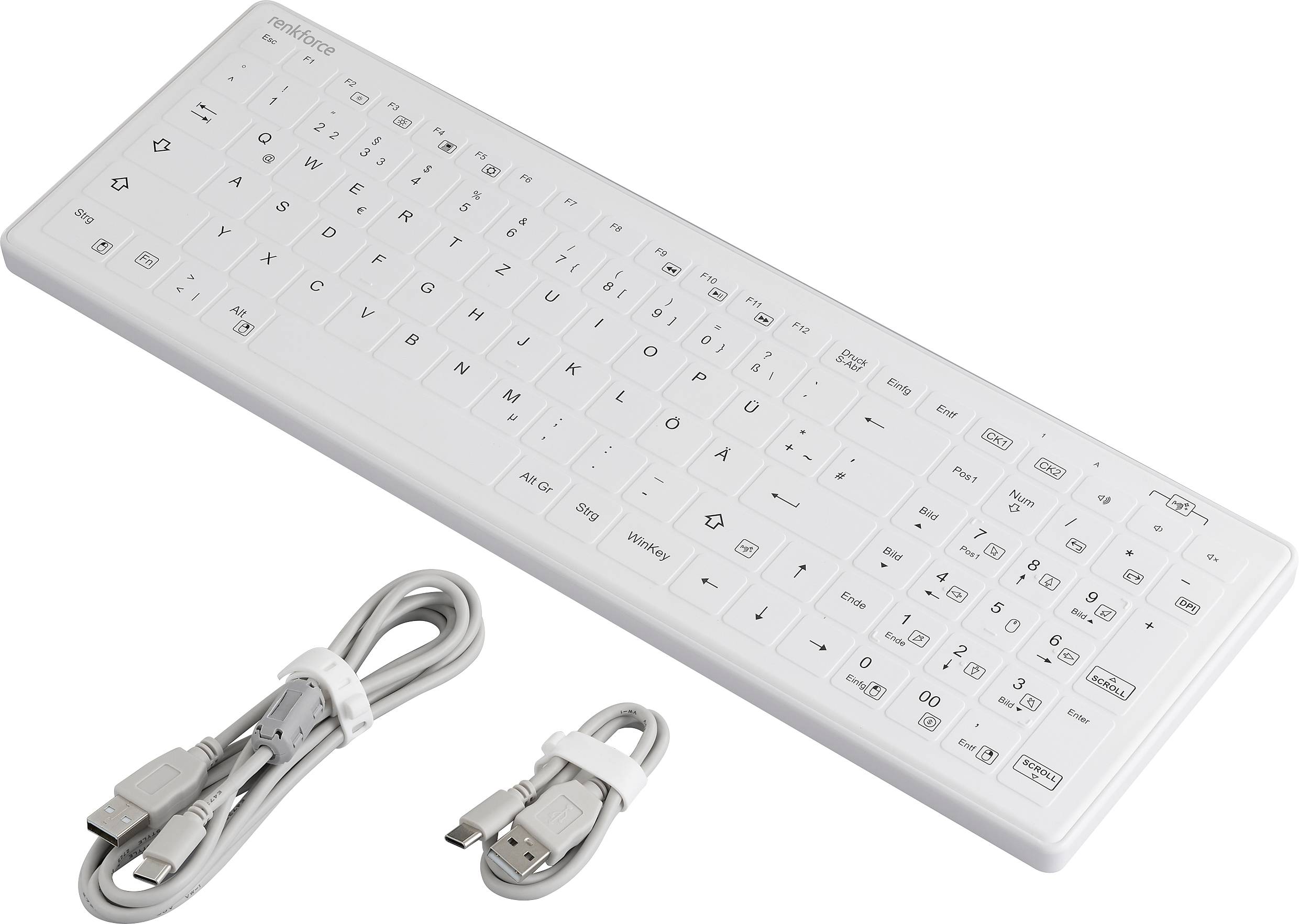 Clavier en silicone blanc avec des caractères cyrilliques, incluant un câble USB long et un court, sur fond blanc.