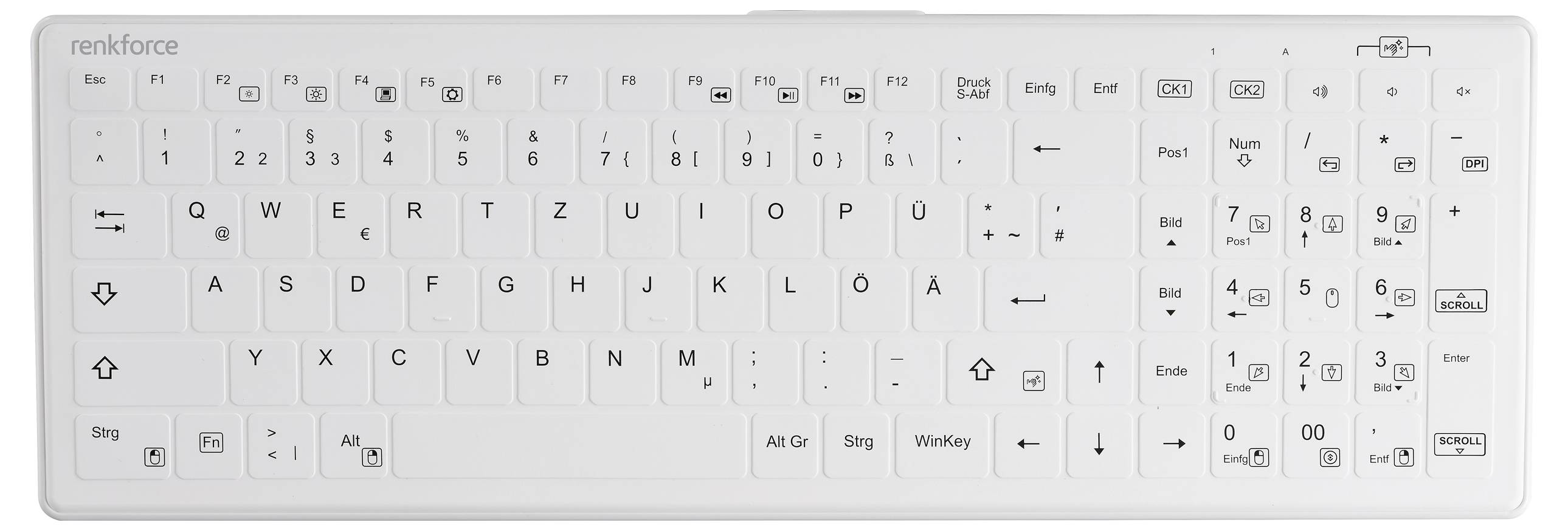 Clavier QWERTZ blanc avec touches de fonction, pavé numérique et touches multimédia.