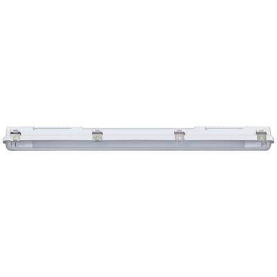 Un luminaire rectangulaire long avec un boîtier de protection transparent et des supports argentés, typiquement adapté aux environnements industriels.