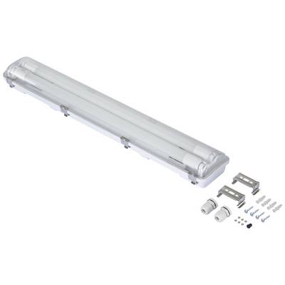 Tube fluorescent avec boîtier de protection transparent, éléments de fixation et vis pour le montage. Comprend deux douilles de lampe.