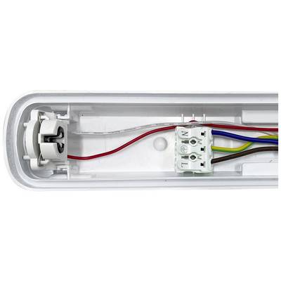 Vue intérieure d'un support de lampe électrique avec des câbles connectés à un bloc de raccordement. Des fils rouges, bleus, bruns et jaune/verts sont visibles.