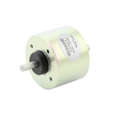 Un moteur électrique cylindrique avec boîtier métallique, arbre à l'avant et étiquette portant l'inscription 'KUHINKE', 12 V CC.
