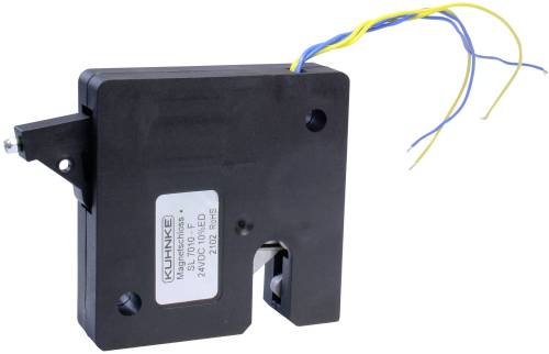 Serrure électronique avec boîtier noir, mécanisme de verrouillage mis en évidence, câbles jaunes et bleus et étiquette.