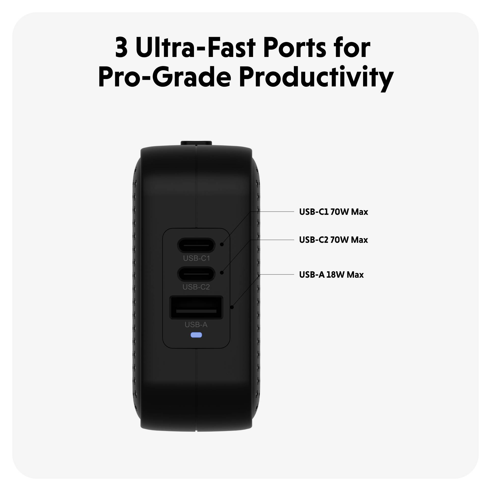 HYPER HyperJuice® 70W USB-C Adaptateur de voyage 70 W 1x USB-A, 2x USB-C® Power Delivery noir GaN, avec adaptateur pour -15