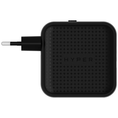 Chargeur USB-C compact noir avec fiche européenne. Face avant portant l'inscription 'Hyper' et un motif texturé.