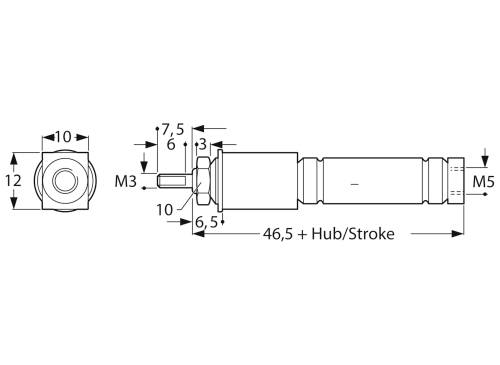 Dessin technique d'un mécanisme de fermeture avec dimensions en millimètres. En haut à gauche : forme carrée, fixation M3 ; à droite : course/poussée cylindrique avec connexion M5.
