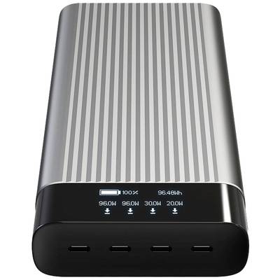 Une batterie externe portable argentée avec un affichage numérique indique '100%' et '96,48Wh'. Quatre ports USB-C sont visibles.