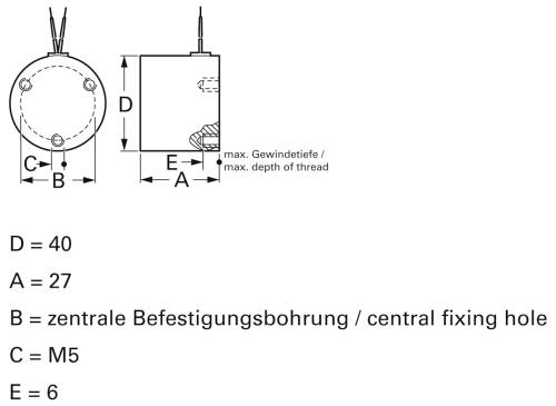 Dessin technique d'un support circulaire avec un trou de fixation central. Dimensions : D=40, A=27, C=M5, E=6. Profondeur de filetage maximale indiquée.