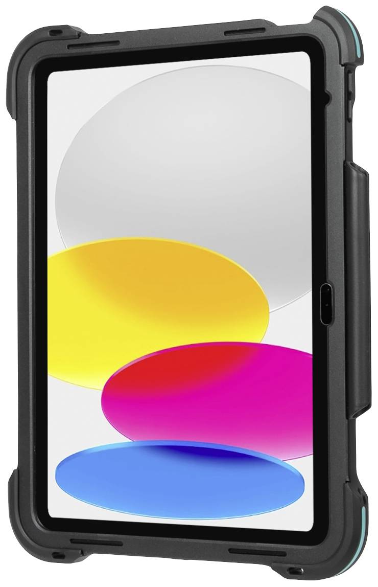 Une tablette avec un boîtier noir robuste affiche des cercles colorés sur l'écran, représentant un design dynamique et moderne.