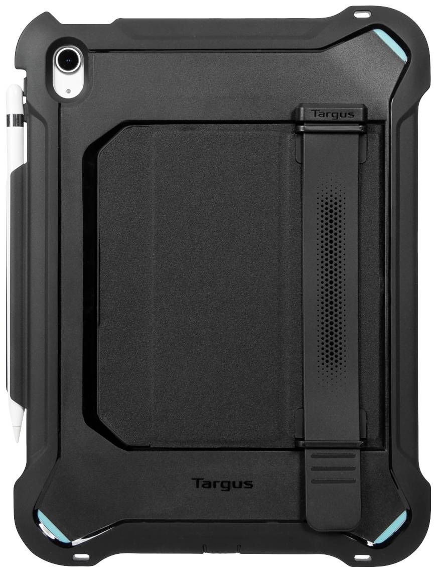 Vue arrière d'un étui robuste noir pour tablette, doté d'un support intégré et d'un emplacement pour stylet.