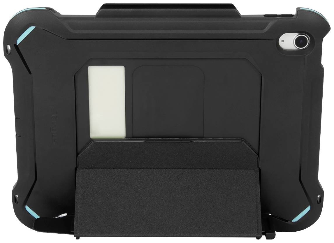 Arrière d'une tablette noire avec un boîtier robuste et un support intégré. La caméra est positionnée en haut à droite.