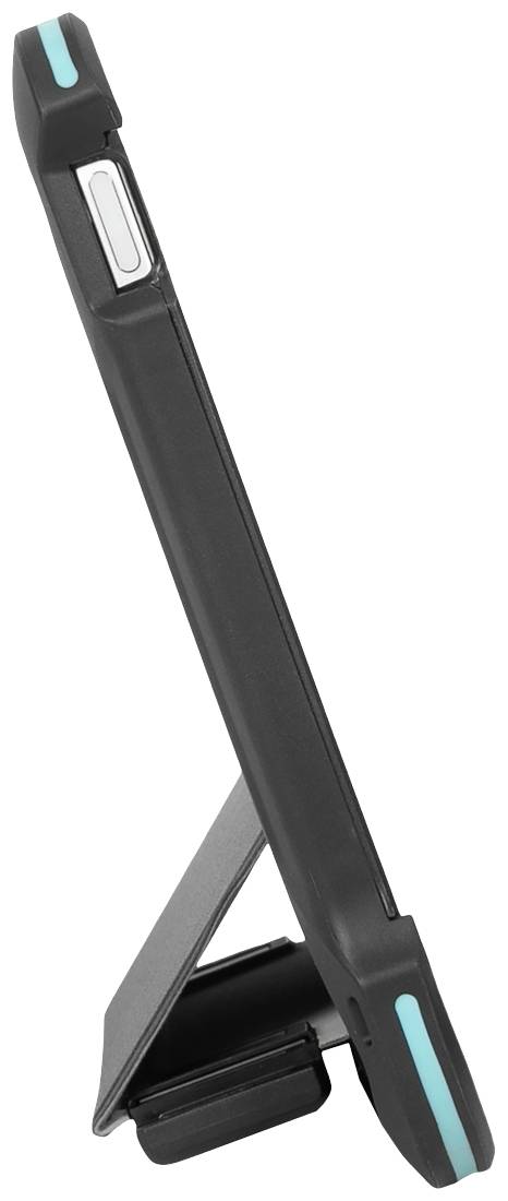 Une tablette noire dans un étui de protection avec un support intégré, vue de côté, posée sur une surface plane.