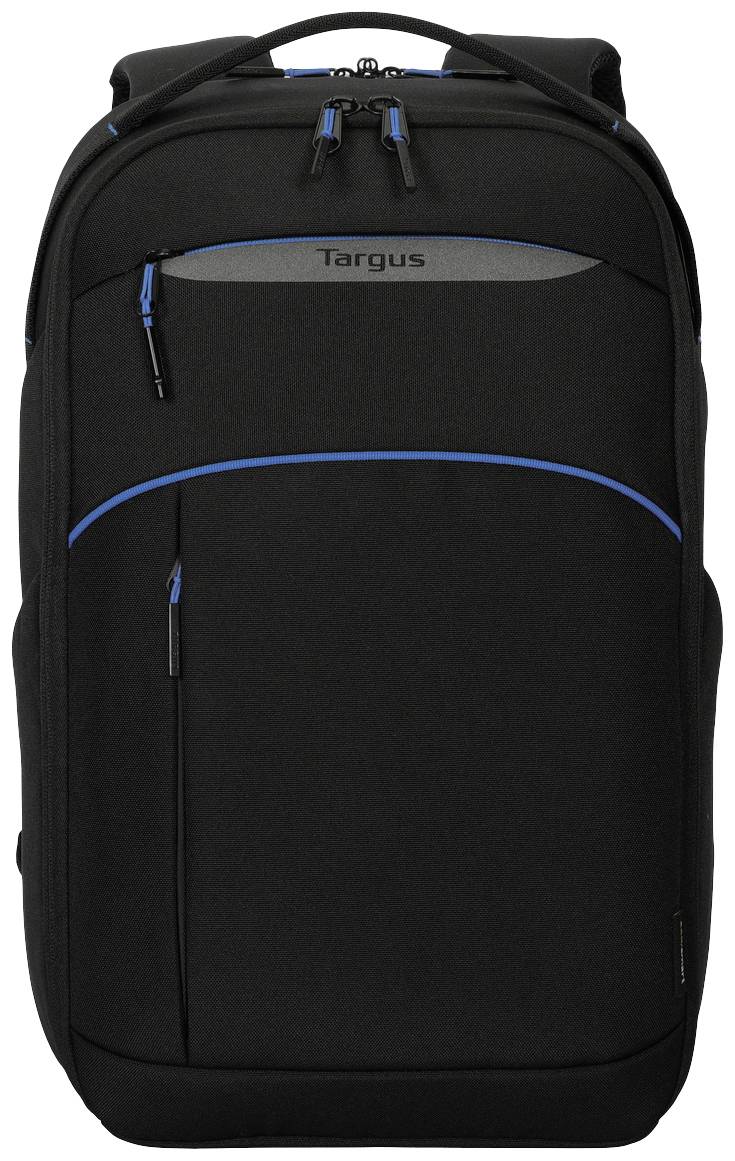Sac à dos noir avec des touches bleues, plusieurs poches à fermeture éclair, logo 'Targus' en haut. Idéal pour les ordinateurs portables et les déplacements.