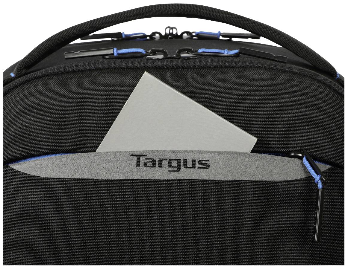 Sac à dos Targus noir avec un ordinateur portable gris partiellement sorti. La fermeture éclair avec des accents bleus se démarque.